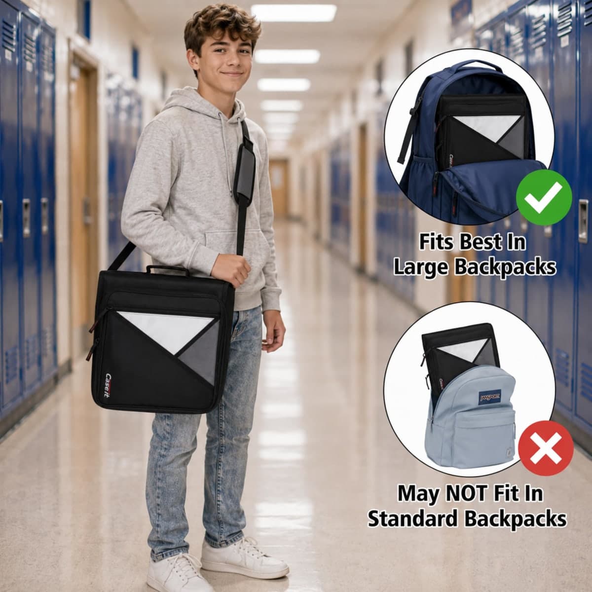 Case-it Universal Zipper Binder | 2-Inch O-Rings, 13-Inch Laptop/Tablet Padded Pocket, 400 Sheet Capacity, Multiple Storage Pockets & Shoulder Strap | School & Office Organizer | LT-007 Jet Black thumbnail 5