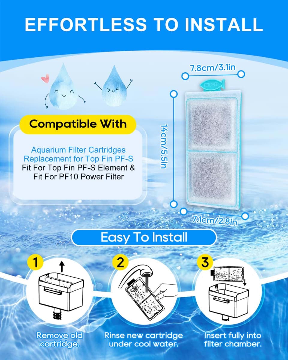 Cunina 12 Pack Filter Cartridge Compatible with Top Fin PF-S Filter Cartridge, Upgraded PF-S Fish Tank Filters Compatible with Top Fin PF10 Power Filters, Activated Carbon & Zeolite for Clean Water thumbnail 3