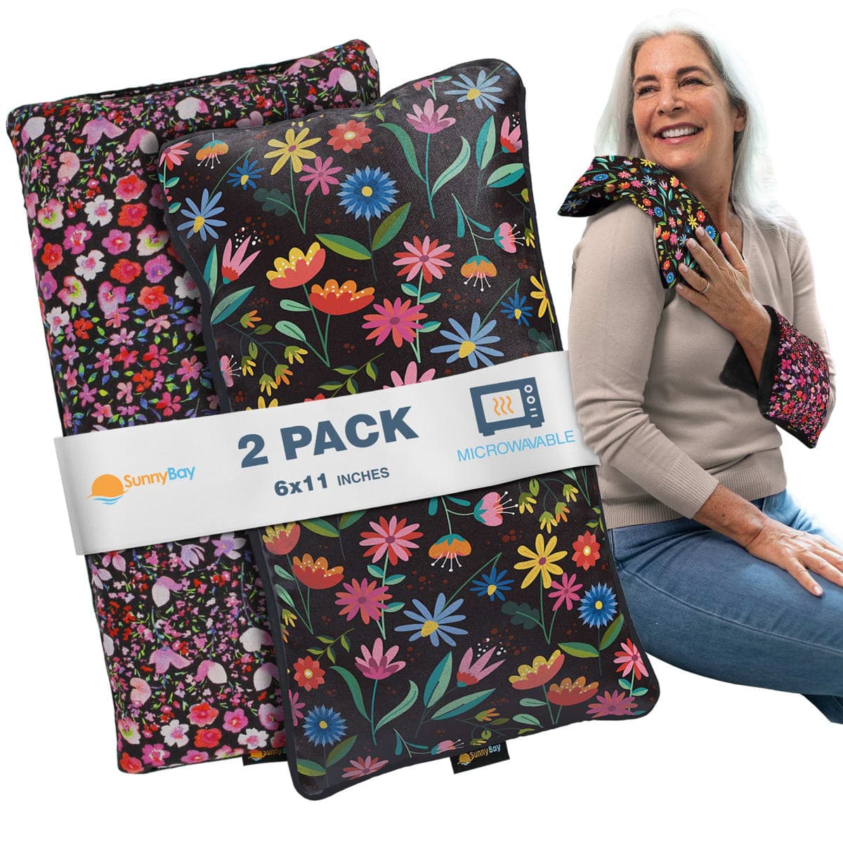 SunnyBay Small Microwave Heating Pad, Microwavable Versatile Cold/Heated Neck and Shoulder Wrap for Back Pain and More, Moist Heat Cotton-Fleece Pad, 6x11 Inches, Lilac and Green Flowers, Pack of 2 — image 1