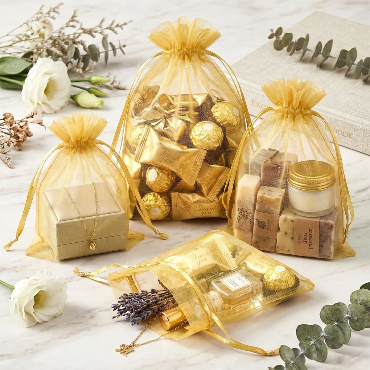 FUNFERY 100 Pcs Gold Organza Bags - 5x7 in, Small Mesh Drawstring Gift Bags for Sachet, Jewelry, Candy, Wedding Favor, Easter Day thumbnail 3