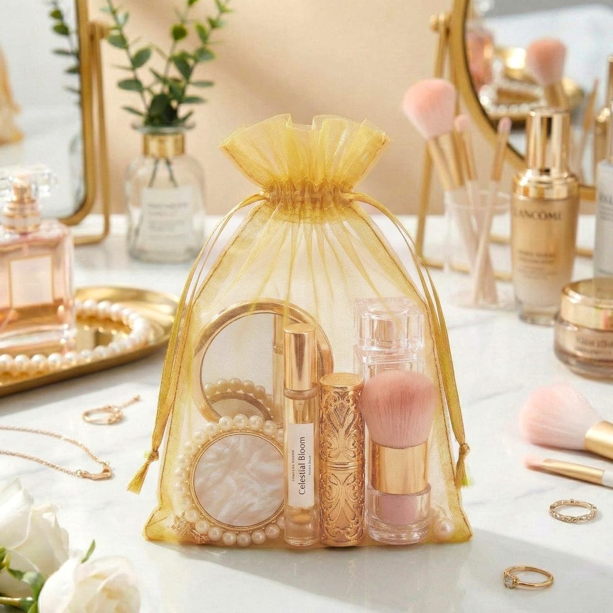 FUNFERY 100 Pcs Gold Organza Bags - 5x7 in, Small Mesh Drawstring Gift Bags for Sachet, Jewelry, Candy, Wedding Favor, Easter Day thumbnail 5
