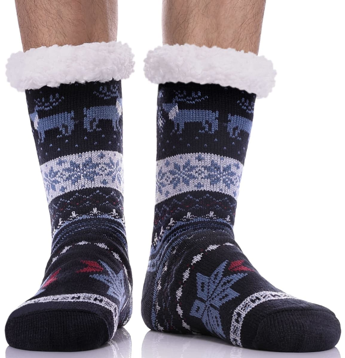 LINEMIN Mens Warm Slipper Socks Soft Cozy Fuzzy Fleece-Lined Winter Non Slip Indoor Christmas Socks, Dark Blue Snowflake Deer, One Size — image 1