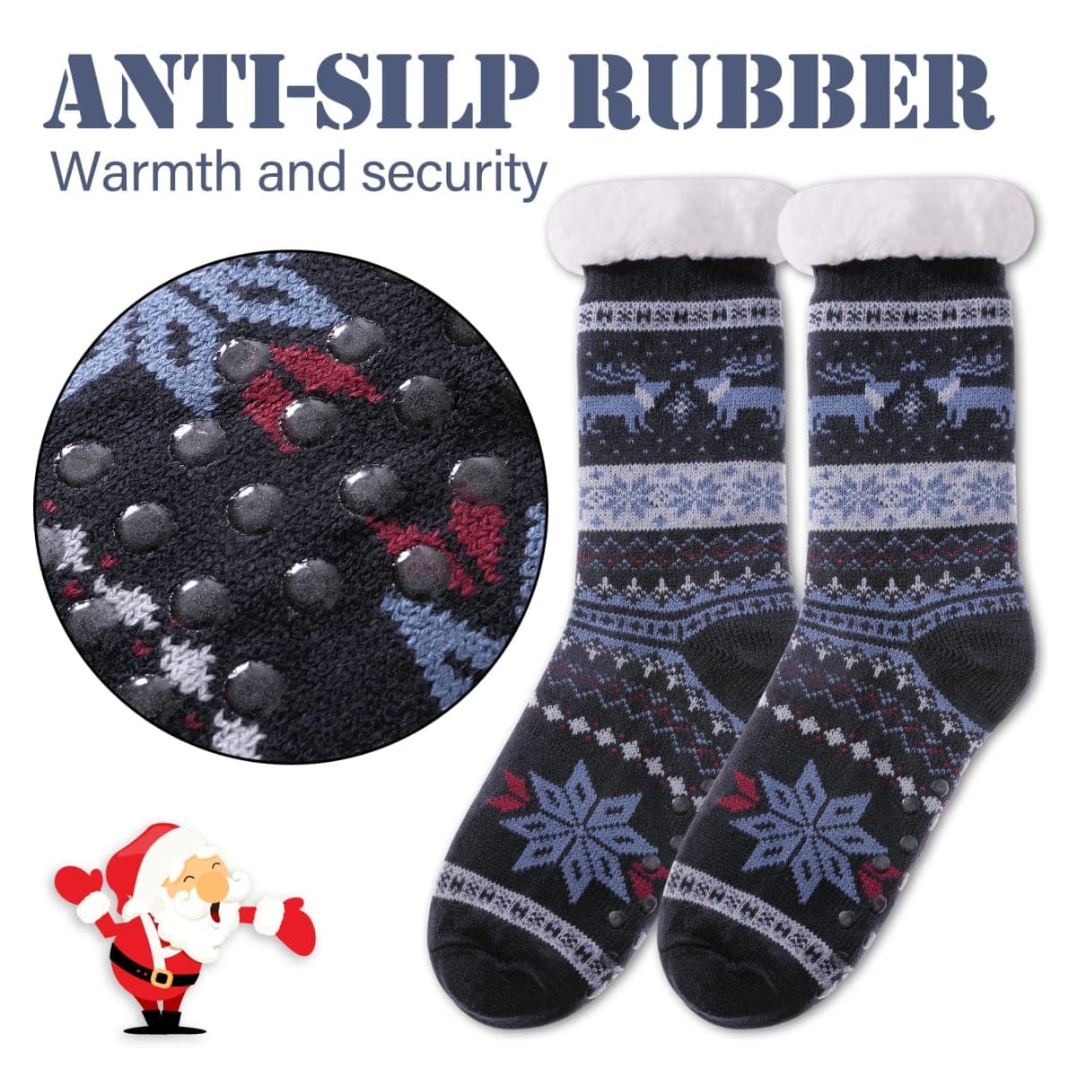 LINEMIN Mens Warm Slipper Socks Soft Cozy Fuzzy Fleece-Lined Winter Non Slip Indoor Christmas Socks, Dark Blue Snowflake Deer, One Size thumbnail 3