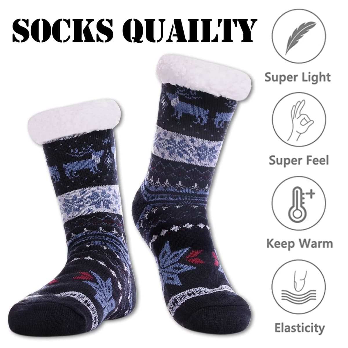 LINEMIN Mens Warm Slipper Socks Soft Cozy Fuzzy Fleece-Lined Winter Non Slip Indoor Christmas Socks, Dark Blue Snowflake Deer, One Size thumbnail 4