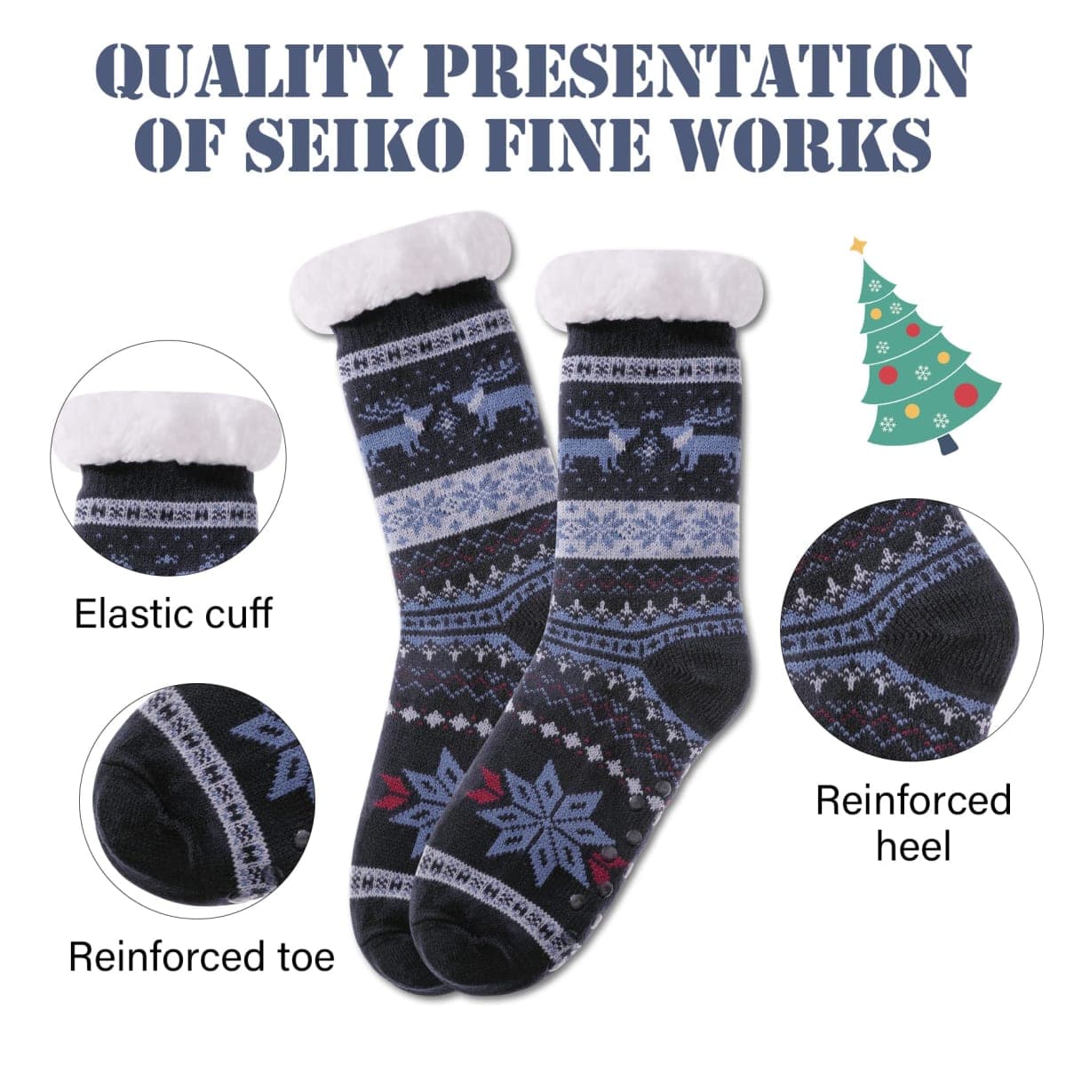 LINEMIN Mens Warm Slipper Socks Soft Cozy Fuzzy Fleece-Lined Winter Non Slip Indoor Christmas Socks, Dark Blue Snowflake Deer, One Size thumbnail 5