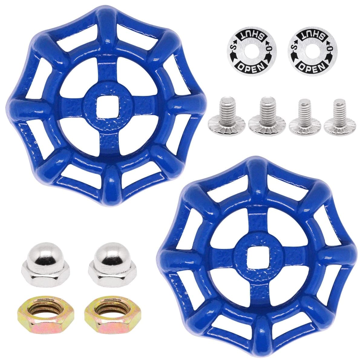 ZHMEINA 2 Pack Outdoor Faucet Handle Replacement, 6mm x 6mm Square Stem Hole Water Spigot Handle Replacement, Cast Iron Round Wheel Outside Faucet Handles with Screws Spacer (Blue) — image 1