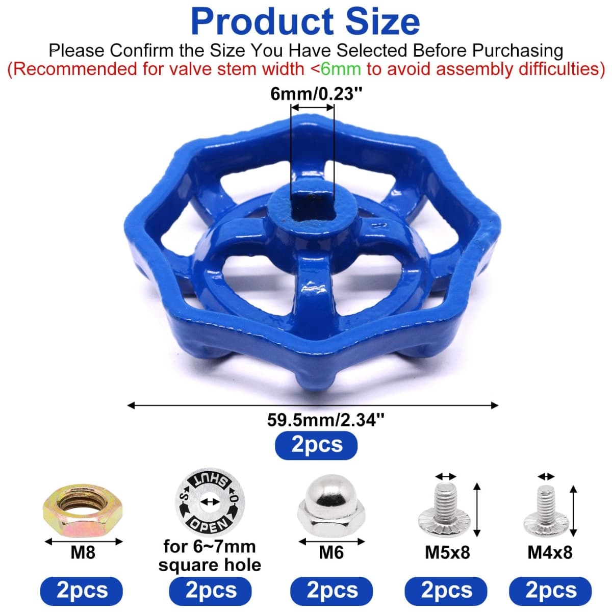 ZHMEINA 2 Pack Outdoor Faucet Handle Replacement, 6mm x 6mm Square Stem Hole Water Spigot Handle Replacement, Cast Iron Round Wheel Outside Faucet Handles with Screws Spacer (Blue) thumbnail 2