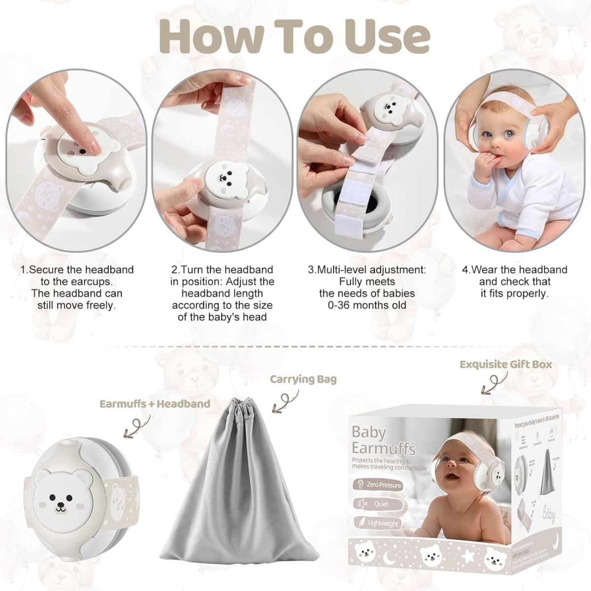 Baby Earmuffs 25dB NRR – Noise Cancelling Headphones for Babies 0-36 Months | Fontanel-Safe Adjustable Headband | Infant Ear Protection for Airplane,Fireworks,Concerts | Foldable with Storage Bag thumbnail 5