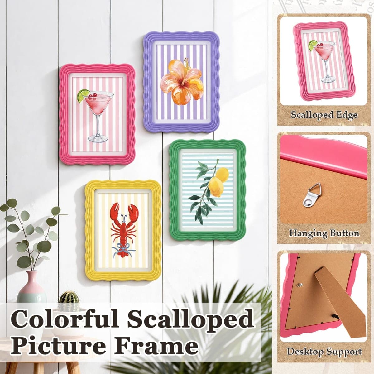 Novabright 4 Set 8 x 10 Colorful Scalloped Picture Frame Maximalist Decorative Picture Frames with Glass Front Wavy Trim Art Table Wall Hanging Whimsical Home Decor Gift (Spring Color) thumbnail 3