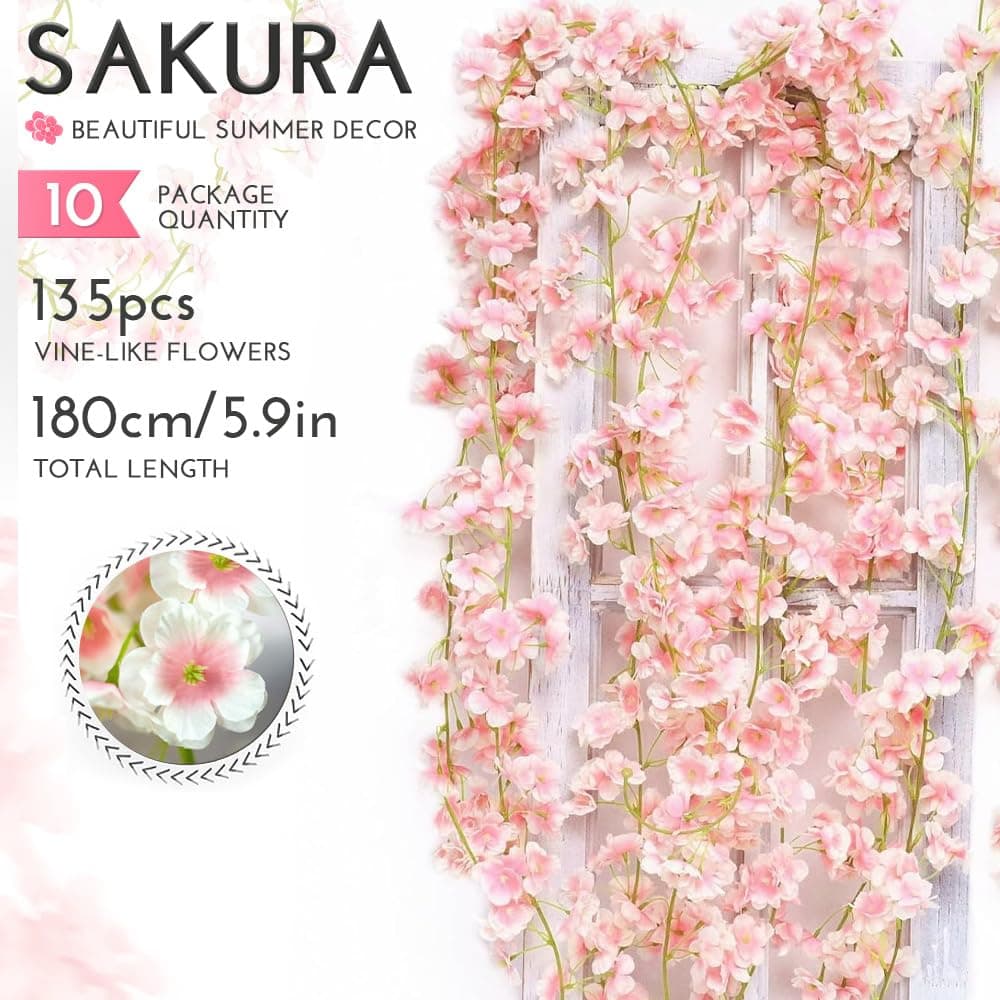 10PCS 59FT Artificial Silk Cherry Blossom Garland, Hanging Sakura Flower Vines for Wedding Party Home Arch Office Sakura Decor (Light Pink) thumbnail 2