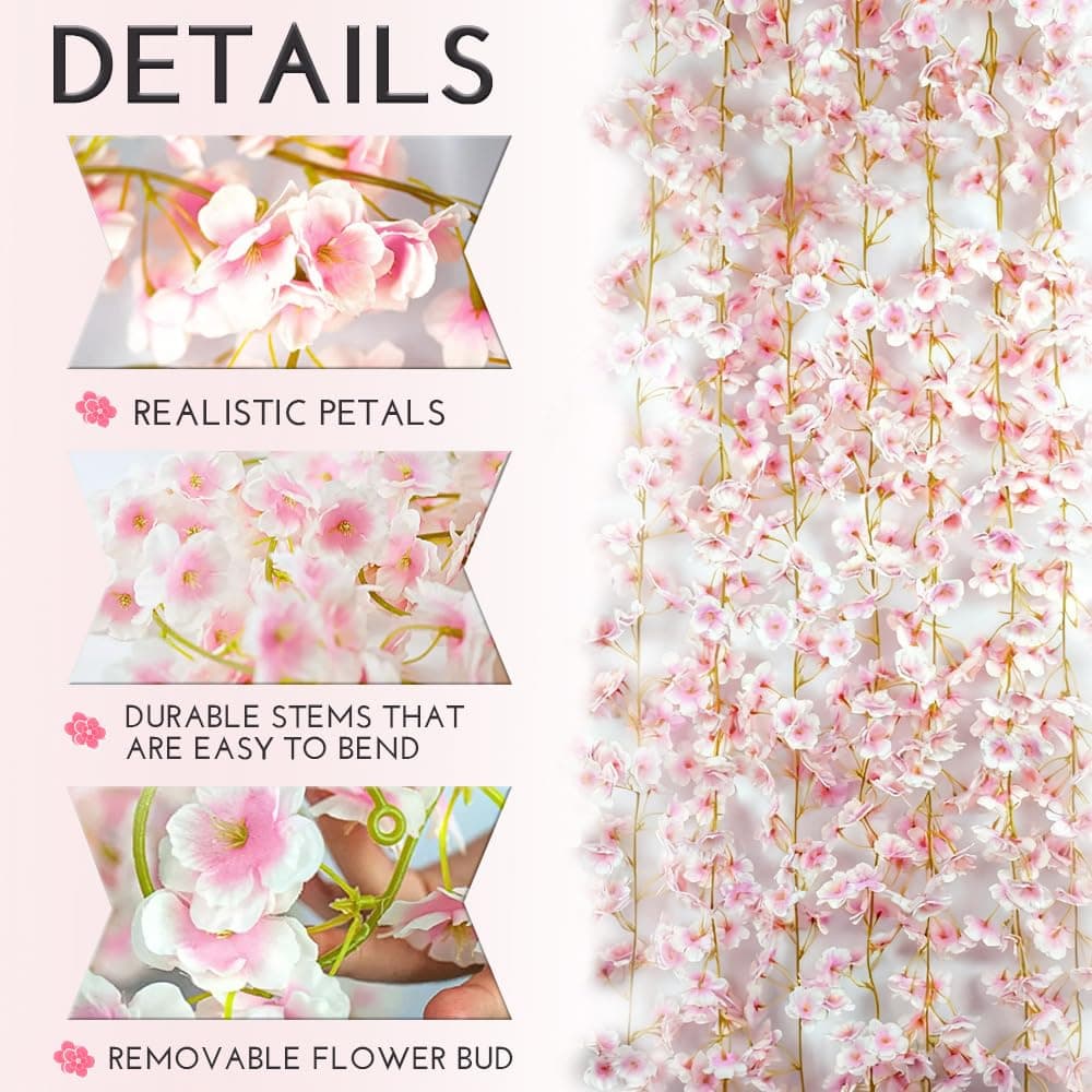10PCS 59FT Artificial Silk Cherry Blossom Garland, Hanging Sakura Flower Vines for Wedding Party Home Arch Office Sakura Decor (Light Pink) thumbnail 3
