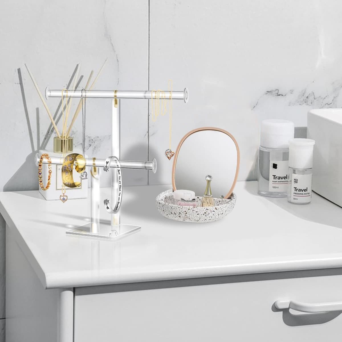 TOOPILAT Acrylic Jewelry Display,Clear Acrylic Round Bracelet Display Holder Organizer Jewelry Holde Organizer Tree Stand , 2 Tier Jewelry Display Necklace Holder Stand (2-Bar) thumbnail 2