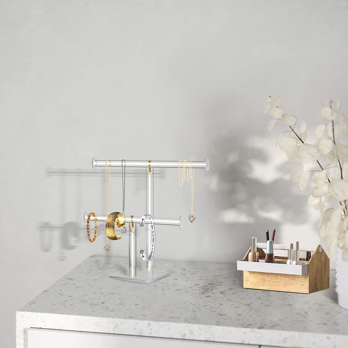 TOOPILAT Acrylic Jewelry Display,Clear Acrylic Round Bracelet Display Holder Organizer Jewelry Holde Organizer Tree Stand , 2 Tier Jewelry Display Necklace Holder Stand (2-Bar) thumbnail 4