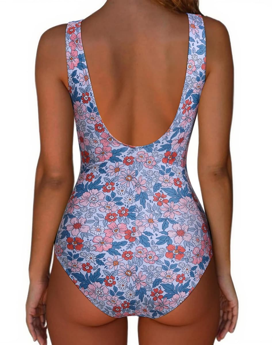 SUUKSESS Women One Piece Ruched Swimsuit Tummy Control Backless Bathing Suit, Pink Floral Printed, Large thumbnail 2