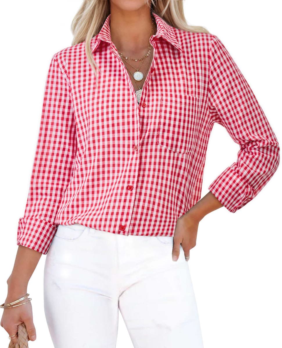 siliteelon Plaid Shirts for Women Gingham Top Button Down Long Sleeve Dress Shirts Cotton Casual Fitted Work Collared Blouse, Red Plaid, Large — image 1