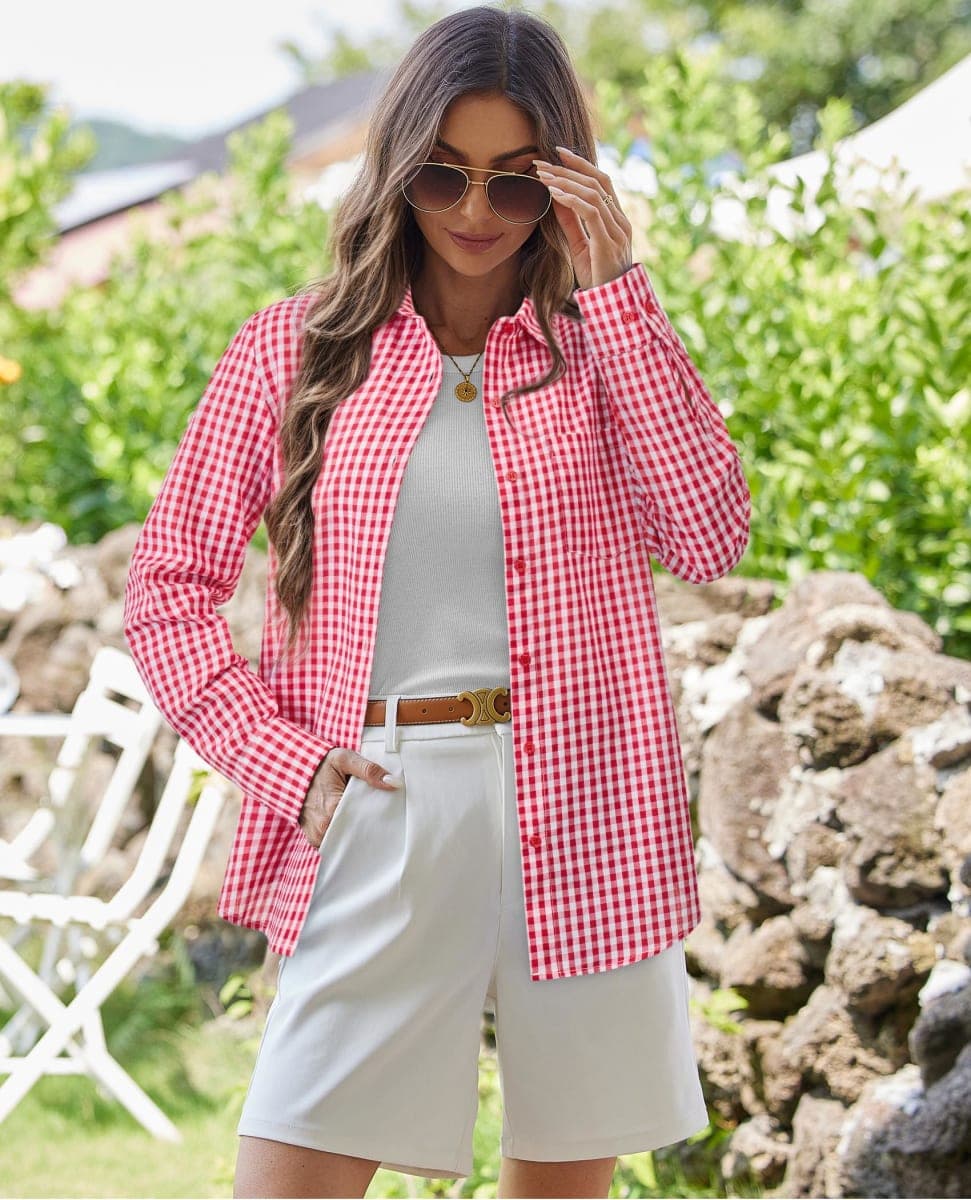 siliteelon Plaid Shirts for Women Gingham Top Button Down Long Sleeve Dress Shirts Cotton Casual Fitted Work Collared Blouse, Red Plaid, Large thumbnail 2