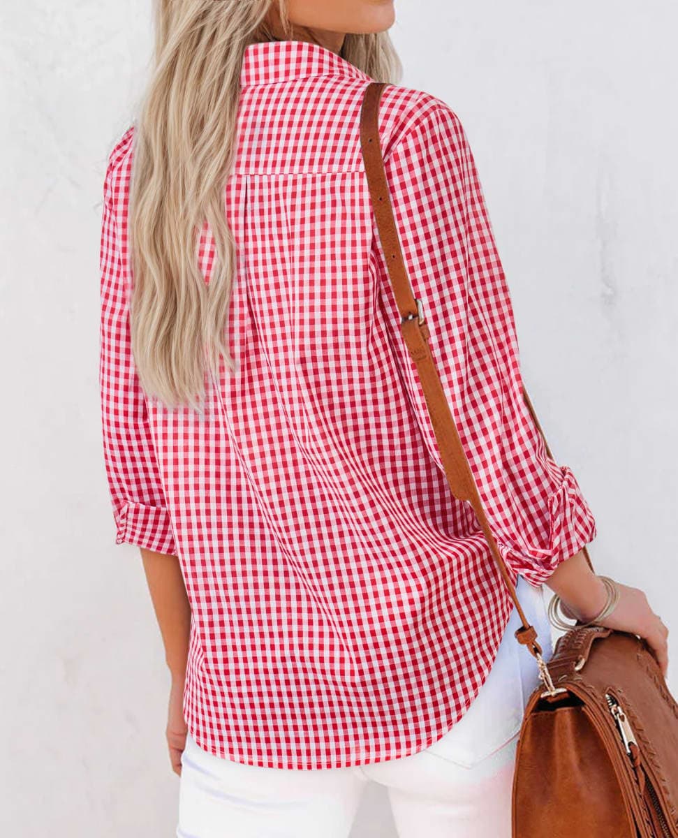 siliteelon Plaid Shirts for Women Gingham Top Button Down Long Sleeve Dress Shirts Cotton Casual Fitted Work Collared Blouse, Red Plaid, Large thumbnail 3