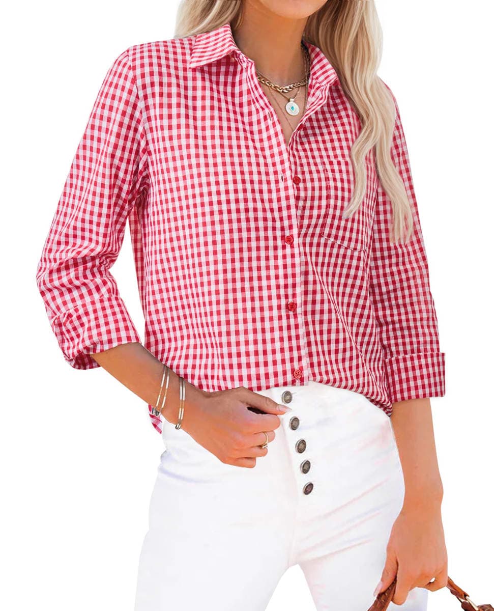 siliteelon Plaid Shirts for Women Gingham Top Button Down Long Sleeve Dress Shirts Cotton Casual Fitted Work Collared Blouse, Red Plaid, Large thumbnail 4