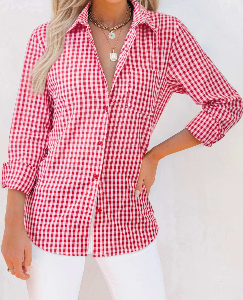 siliteelon Plaid Shirts for Women Gingham Top Button Down Long Sleeve Dress Shirts Cotton Casual Fitted Work Collared Blouse, Red Plaid, Large thumbnail 5