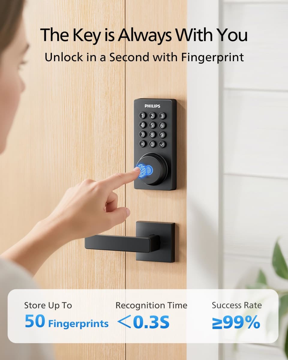 Philips WiFi Keypad Door Lock with Handle, Built-in WiFi, APP Remote Control, Voice & Fingerprint Unlock, Smart Locks for Front Door with Auto Lock, Digital Front Door Lock Set, Keyless Entry Deadbolt thumbnail 4