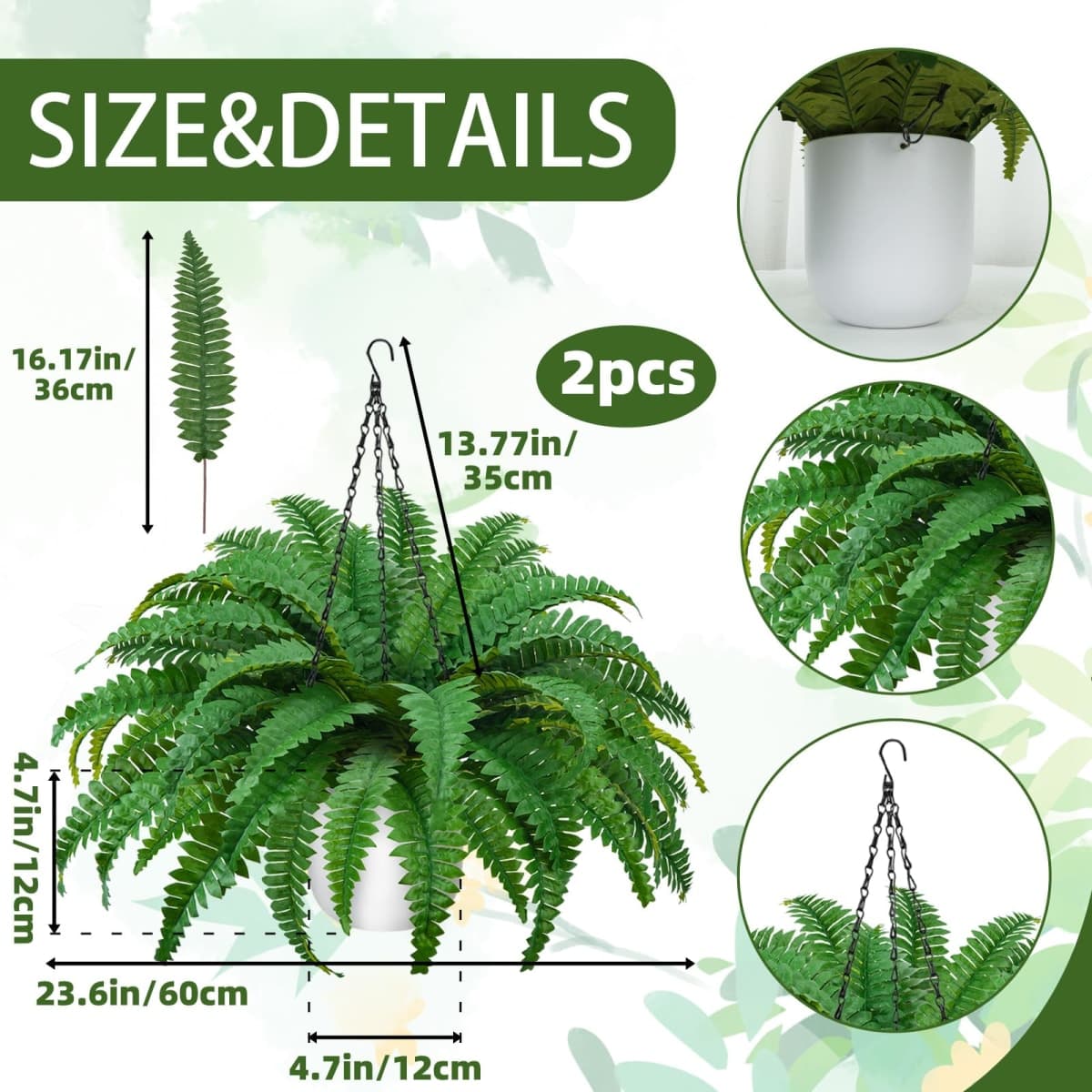 COEWUR 2Pack Artificial Boston Ferns Hanging Plants Fake Silk Fern 50 Leaves That Look Real in Pots for Outdoors & Indoor Faux Potted Plant for Home Porch Patio Garden Decor thumbnail 3