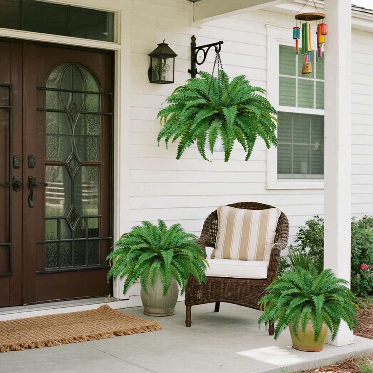 COEWUR 2Pack Artificial Boston Ferns Hanging Plants Fake Silk Fern 50 Leaves That Look Real in Pots for Outdoors & Indoor Faux Potted Plant for Home Porch Patio Garden Decor thumbnail 4