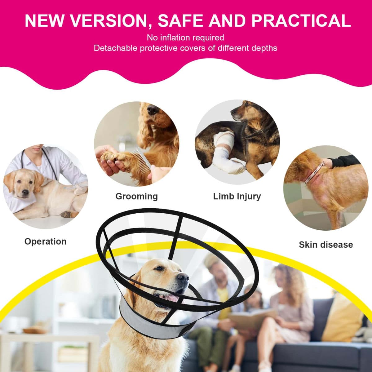Sponge Core Dog Cone Waterproof Design, Inflatable Dog Cone Collar Alternative, Dogs Donut Collar After Surgery with 2 Outerwear, Soft Cone for Large Medium Small Dogs and Cats (Grey+Pink, L) thumbnail 2