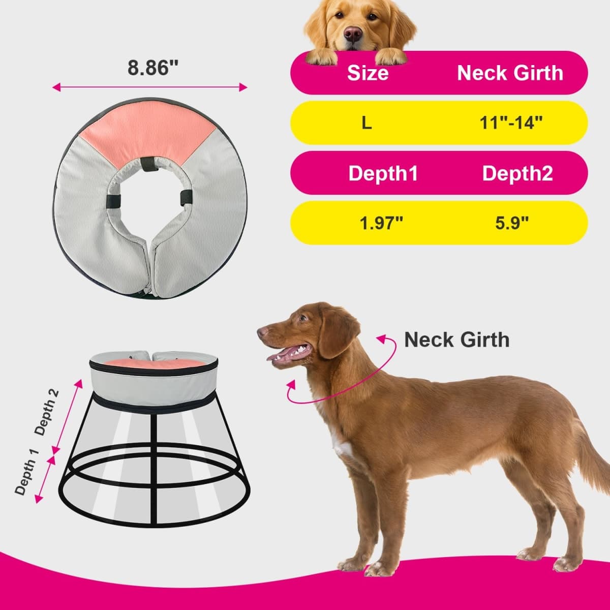 Sponge Core Dog Cone Waterproof Design, Inflatable Dog Cone Collar Alternative, Dogs Donut Collar After Surgery with 2 Outerwear, Soft Cone for Large Medium Small Dogs and Cats (Grey+Pink, L) thumbnail 3