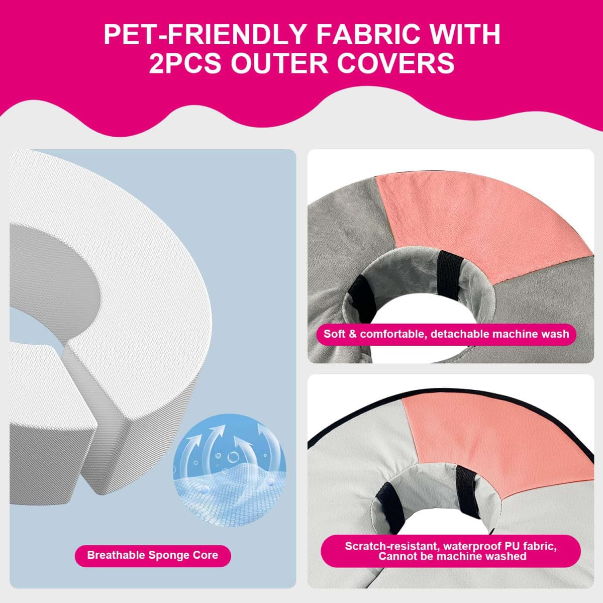Sponge Core Dog Cone Waterproof Design, Inflatable Dog Cone Collar Alternative, Dogs Donut Collar After Surgery with 2 Outerwear, Soft Cone for Large Medium Small Dogs and Cats (Grey+Pink, L) thumbnail 5
