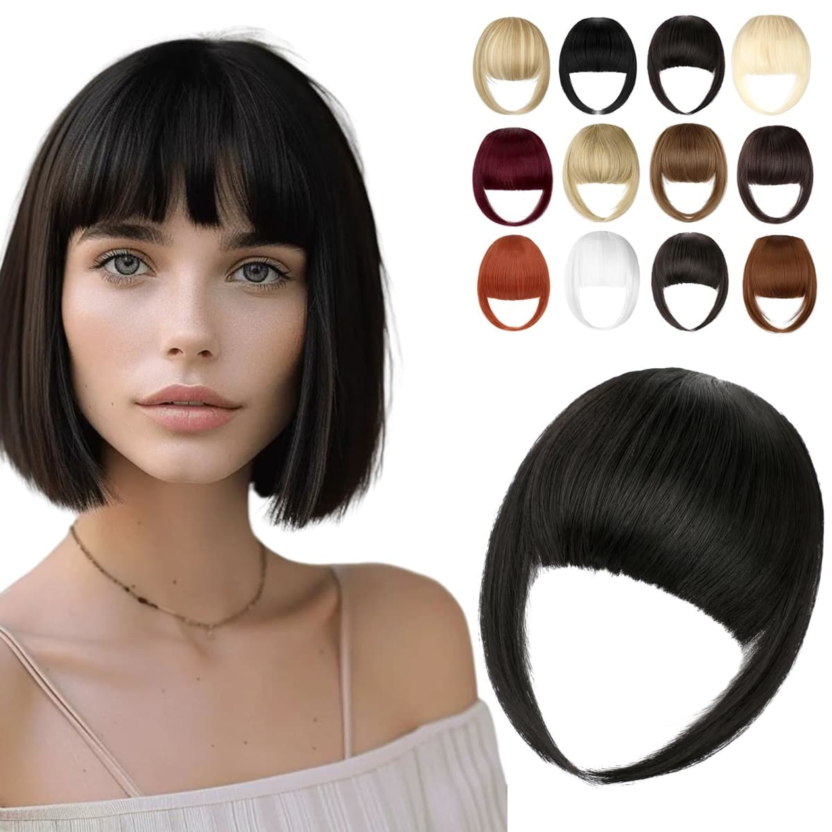 Cephermer Clip in Bangs, Synthetic French Bangs Hair Clip, Fake Bangs Fringe with Temples Hairpieces for Women Natural Curved Hair Extensions for Daily Wear Natural Black — image 1