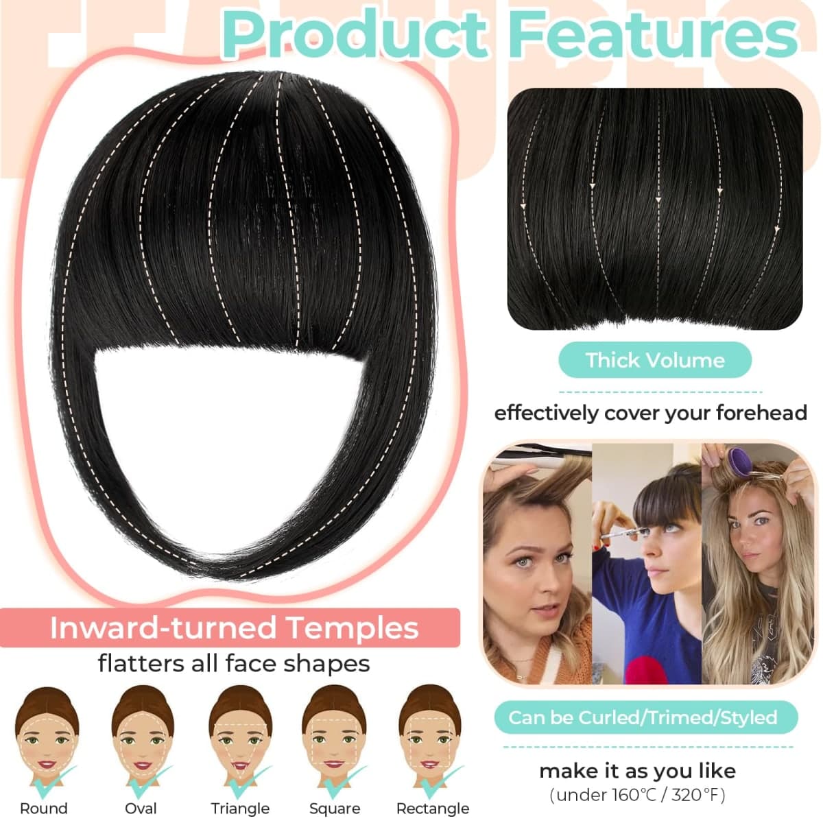 Cephermer Clip in Bangs, Synthetic French Bangs Hair Clip, Fake Bangs Fringe with Temples Hairpieces for Women Natural Curved Hair Extensions for Daily Wear Natural Black thumbnail 3