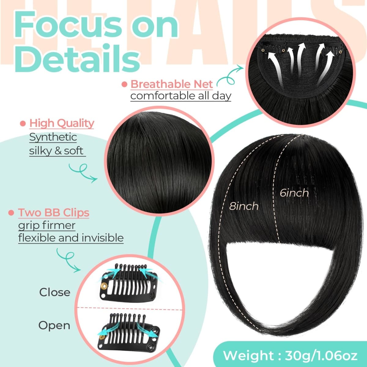 Cephermer Clip in Bangs, Synthetic French Bangs Hair Clip, Fake Bangs Fringe with Temples Hairpieces for Women Natural Curved Hair Extensions for Daily Wear Natural Black thumbnail 4