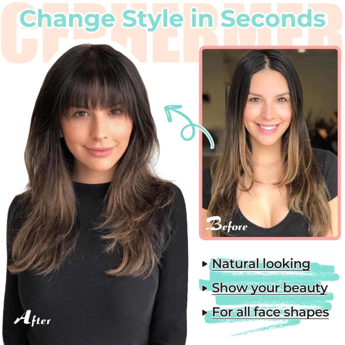 Cephermer Clip in Bangs, Synthetic French Bangs Hair Clip, Fake Bangs Fringe with Temples Hairpieces for Women Natural Curved Hair Extensions for Daily Wear Natural Black thumbnail 5