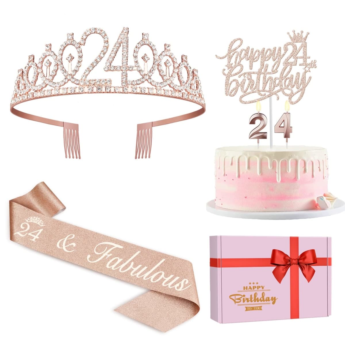 24th Birthday Decorations for Women Including Birthday Sash, Tiara/Crown, Numeral Candles and Cake Topper, 24 Year Old Gifts for Women, Rose Gold Party Decor Supplies — image 1