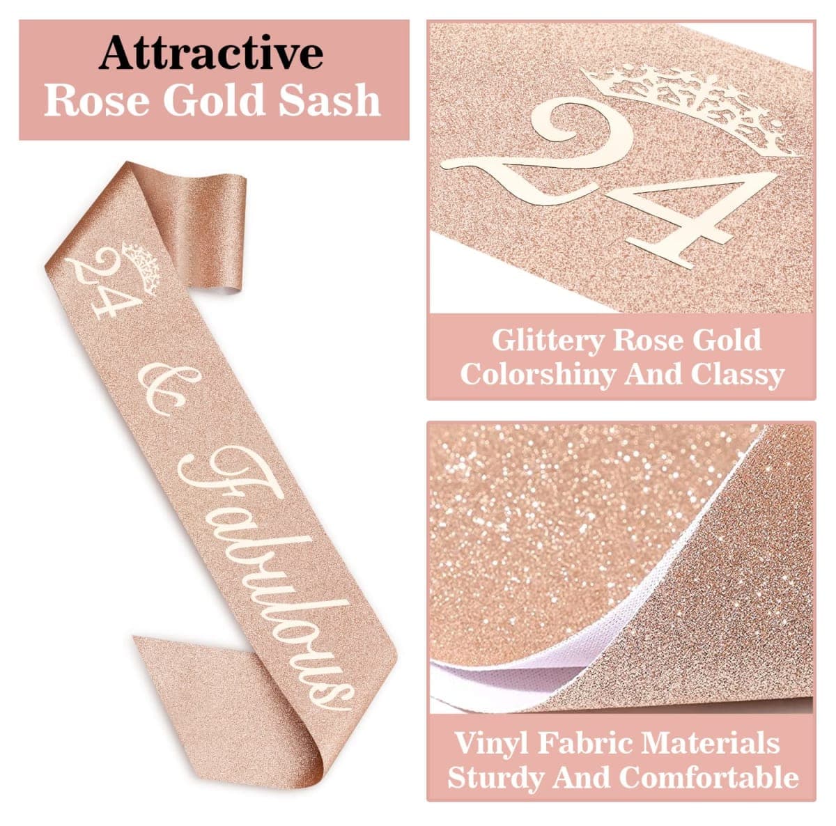 24th Birthday Decorations for Women Including Birthday Sash, Tiara/Crown, Numeral Candles and Cake Topper, 24 Year Old Gifts for Women, Rose Gold Party Decor Supplies thumbnail 5