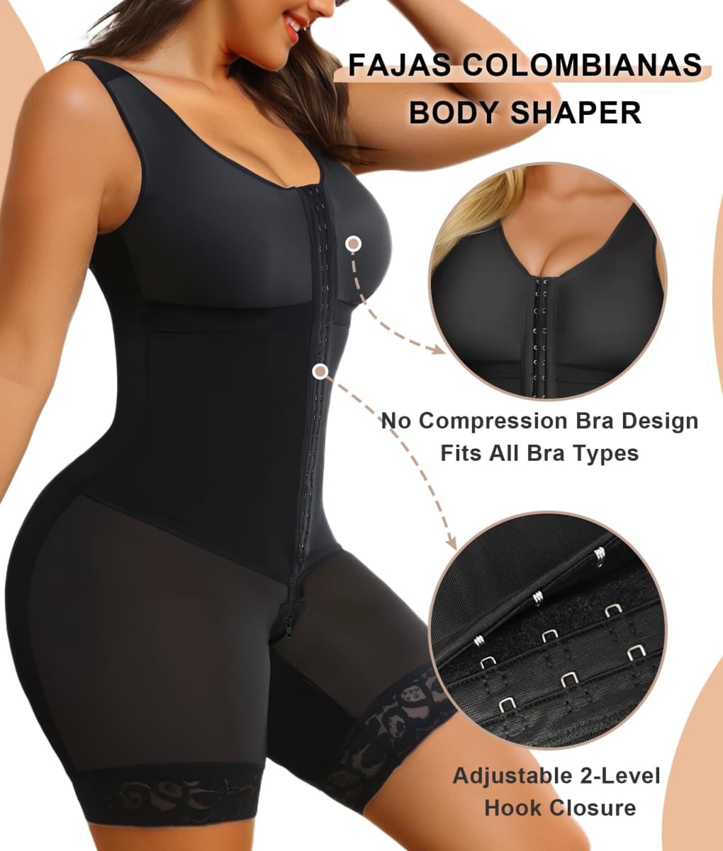 SHAPERX Women's Fajas Colombianas Tummy Control Shapewear Postpartum Full Body Shaper Bodysuit, SZ7302-Black-L thumbnail 3