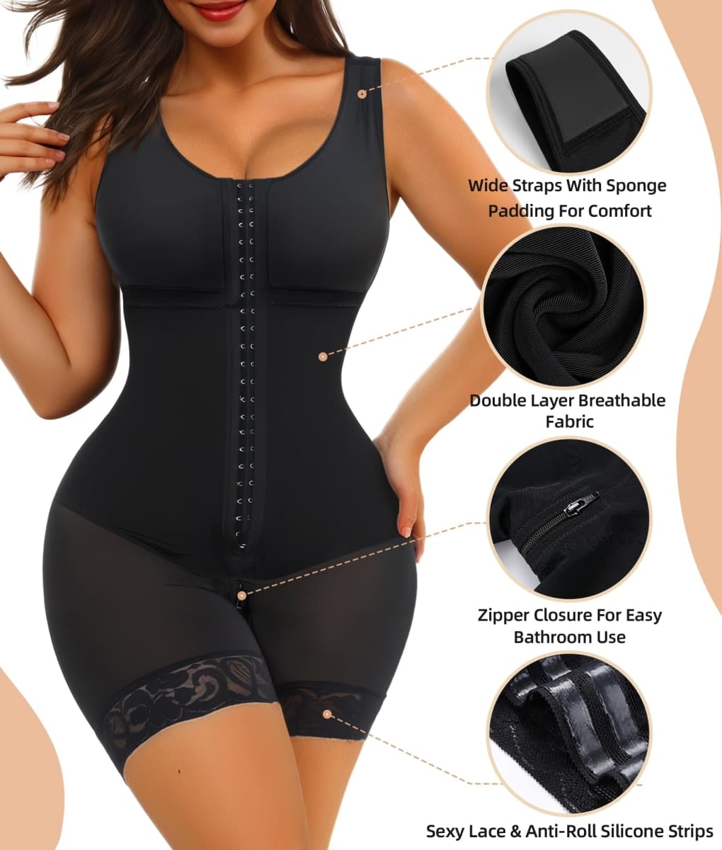 SHAPERX Women's Fajas Colombianas Tummy Control Shapewear Postpartum Full Body Shaper Bodysuit, SZ7302-Black-L thumbnail 4