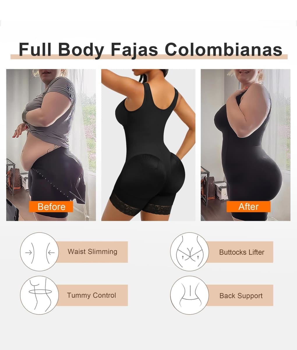 SHAPERX Women's Fajas Colombianas Tummy Control Shapewear Postpartum Full Body Shaper Bodysuit, SZ7302-Black-L thumbnail 5