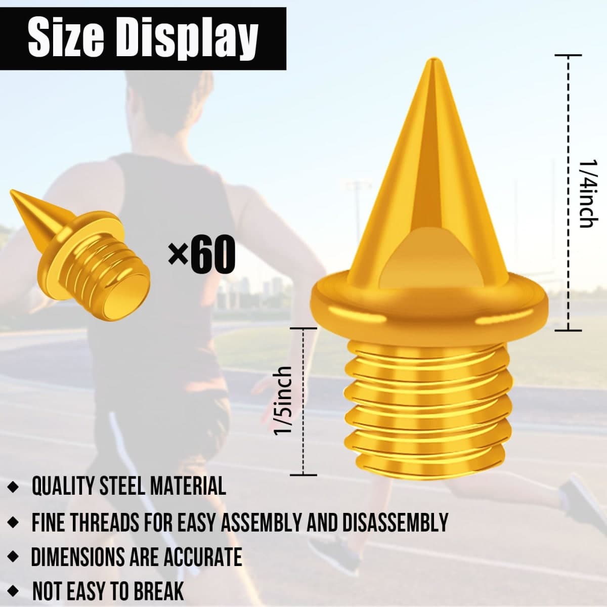 JULMELON 1/4 Inch Steel Track Spikes,60pcs Track Spikes with Spike Wrench for Track Shoes Field Sprinting Cross Country Short Running(Gold) thumbnail 2