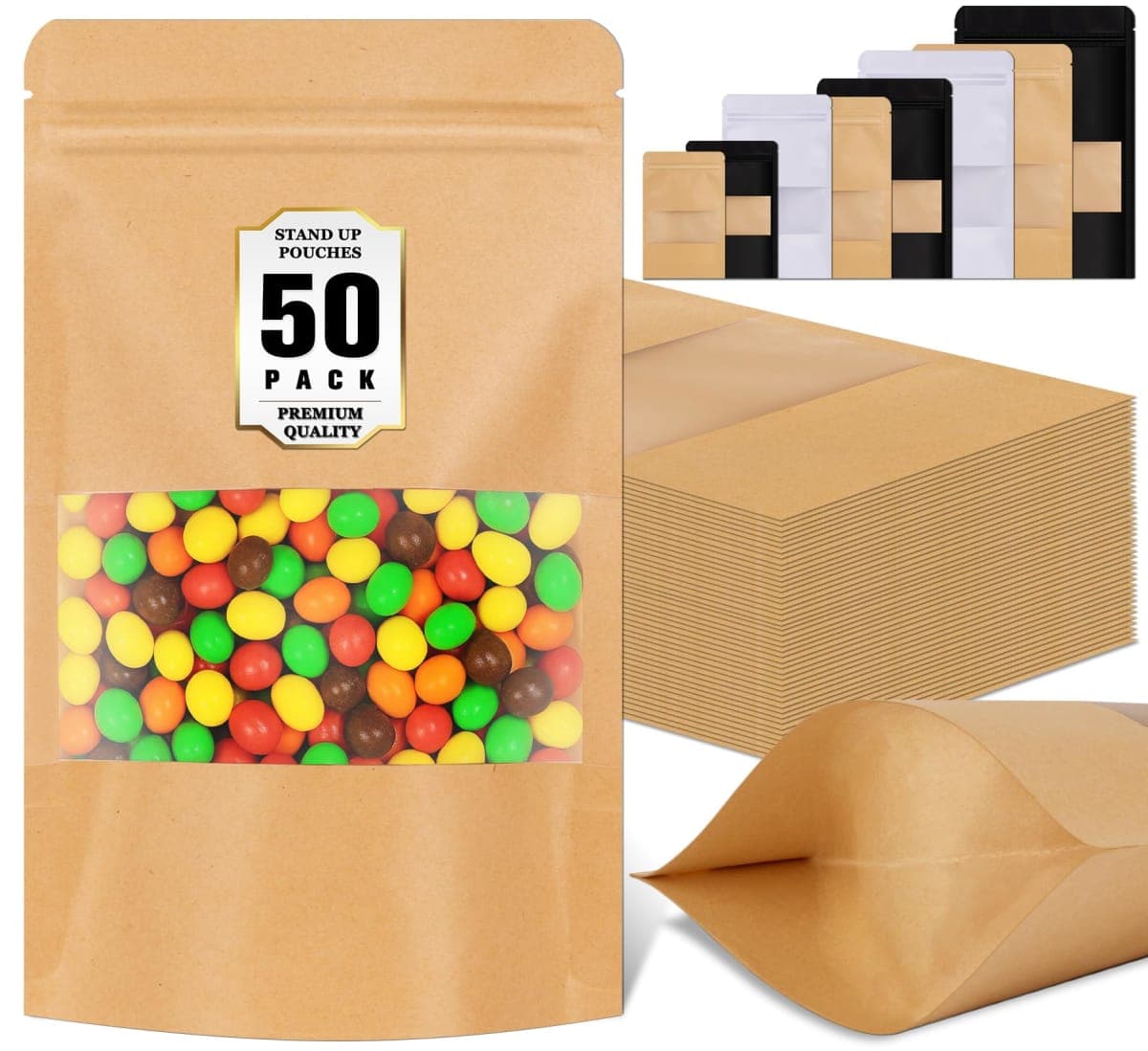 Jetmore 50 Pack Smell Proof Bag, Resealable Bags for Small Business, Stand Up Pouches with Window, Small Sealable packaging Bags for Snack, Coffee, Spice, Candy, Trail Mix, Wax, Mylar Bag 3.5 — image 1