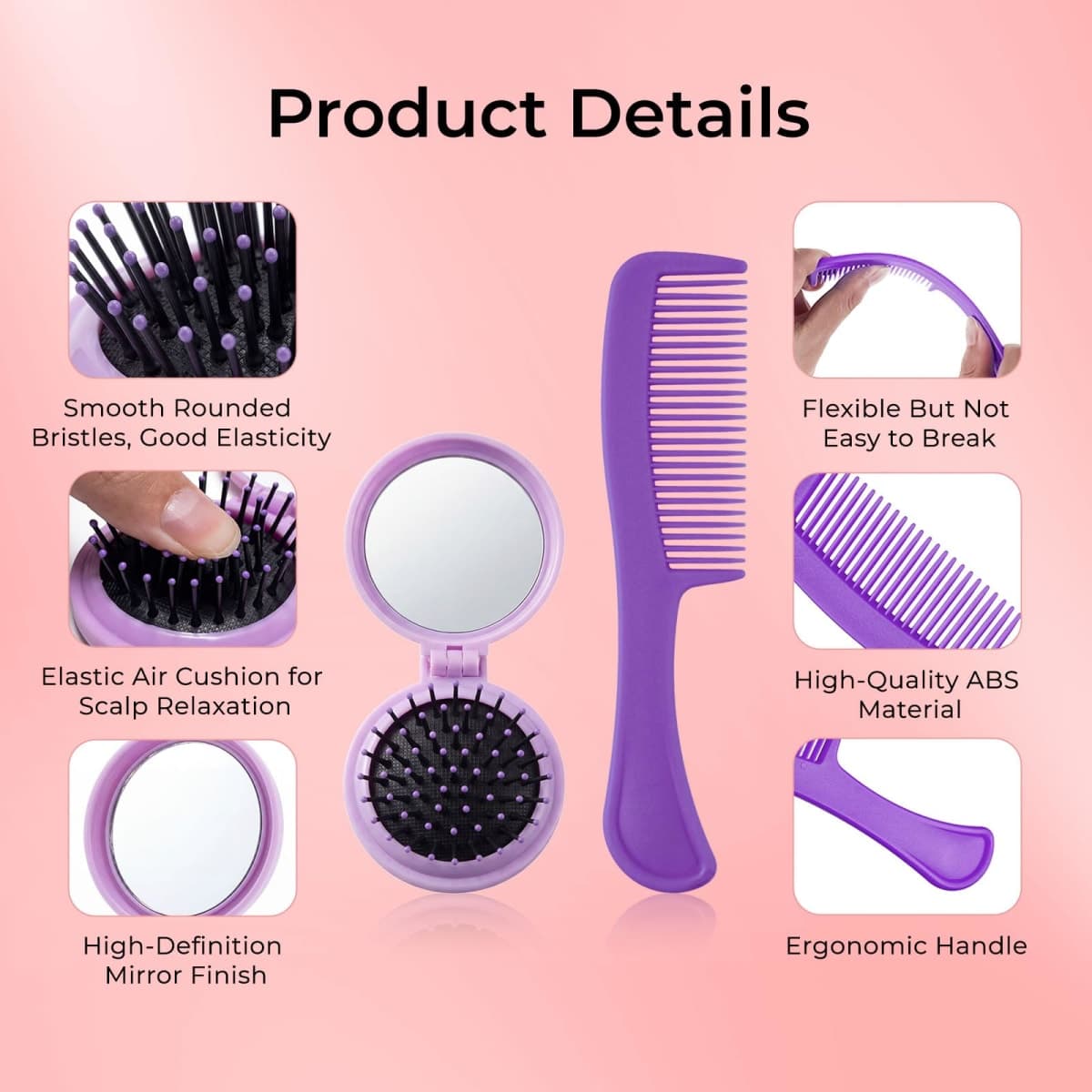 Travel Mini Hair Brush Set, Individually Wrapped Foldable Hairbrush with Mirror, Massage Cushion Hair Brush for Detangling Dry & Wet Hair, 5 Colors Portable Hair Comb for Women & Men (30) thumbnail 3