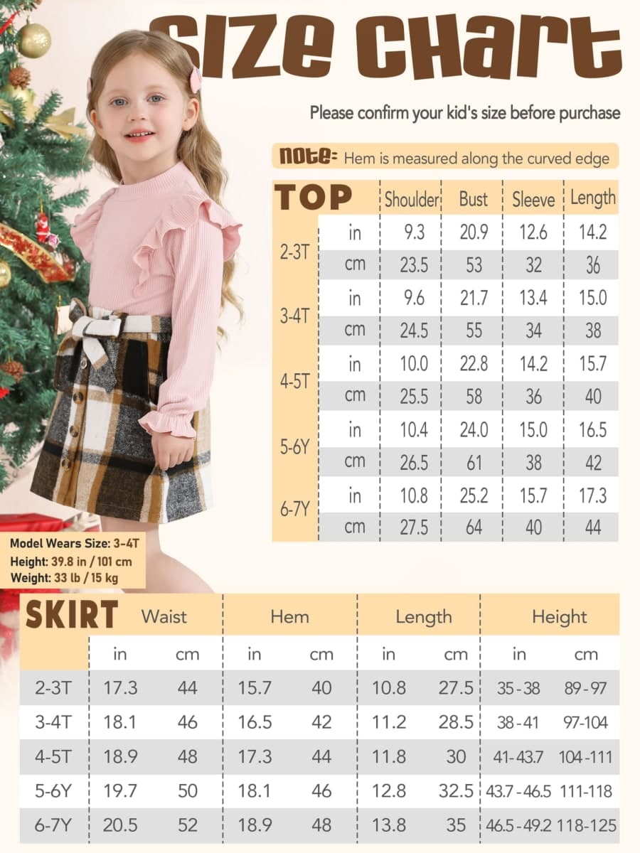 AlisOker Toddler Girl Plaid Outfits Fall Winter Clothes Knit Ribbed Sweatshirt Tops and Button Skirts Set, White + Brown a, 3-4T thumbnail 2