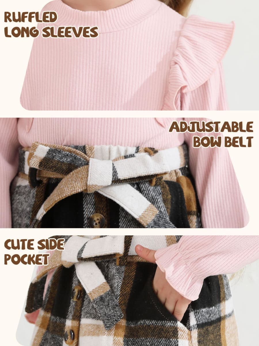AlisOker Toddler Girl Plaid Outfits Fall Winter Clothes Knit Ribbed Sweatshirt Tops and Button Skirts Set, White + Brown a, 3-4T thumbnail 4