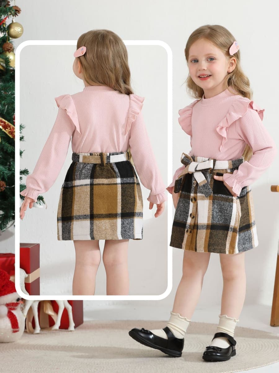 AlisOker Toddler Girl Plaid Outfits Fall Winter Clothes Knit Ribbed Sweatshirt Tops and Button Skirts Set, White + Brown a, 3-4T thumbnail 5