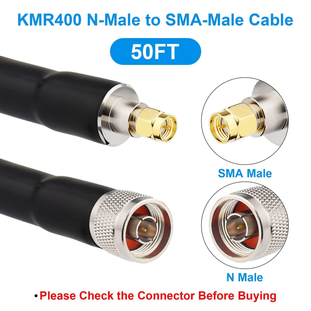 XRDS -RF KMR400 SMA to N Cable 50ft, N-Male to SMA-Male Connector Low Loss Extension Cable 50 Ohm SMA Cable for 3G/4G/5G/LTE/ADS-B/Ham/GPS/WiFi/RF Radio to Antenna Use (Not for TV) thumbnail 2