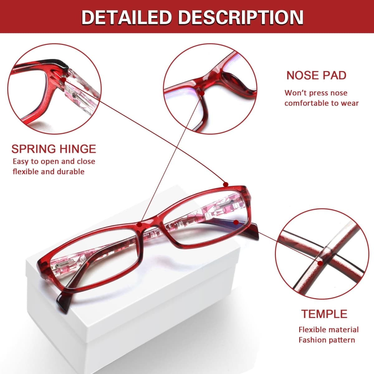 Kerecsen Computer Reading Glasses for Women Blue Light Blocking Glasses for Reading Fashion Pattern Print Eyeglasses for Womens(Mix Color -7, 4.00) thumbnail 3