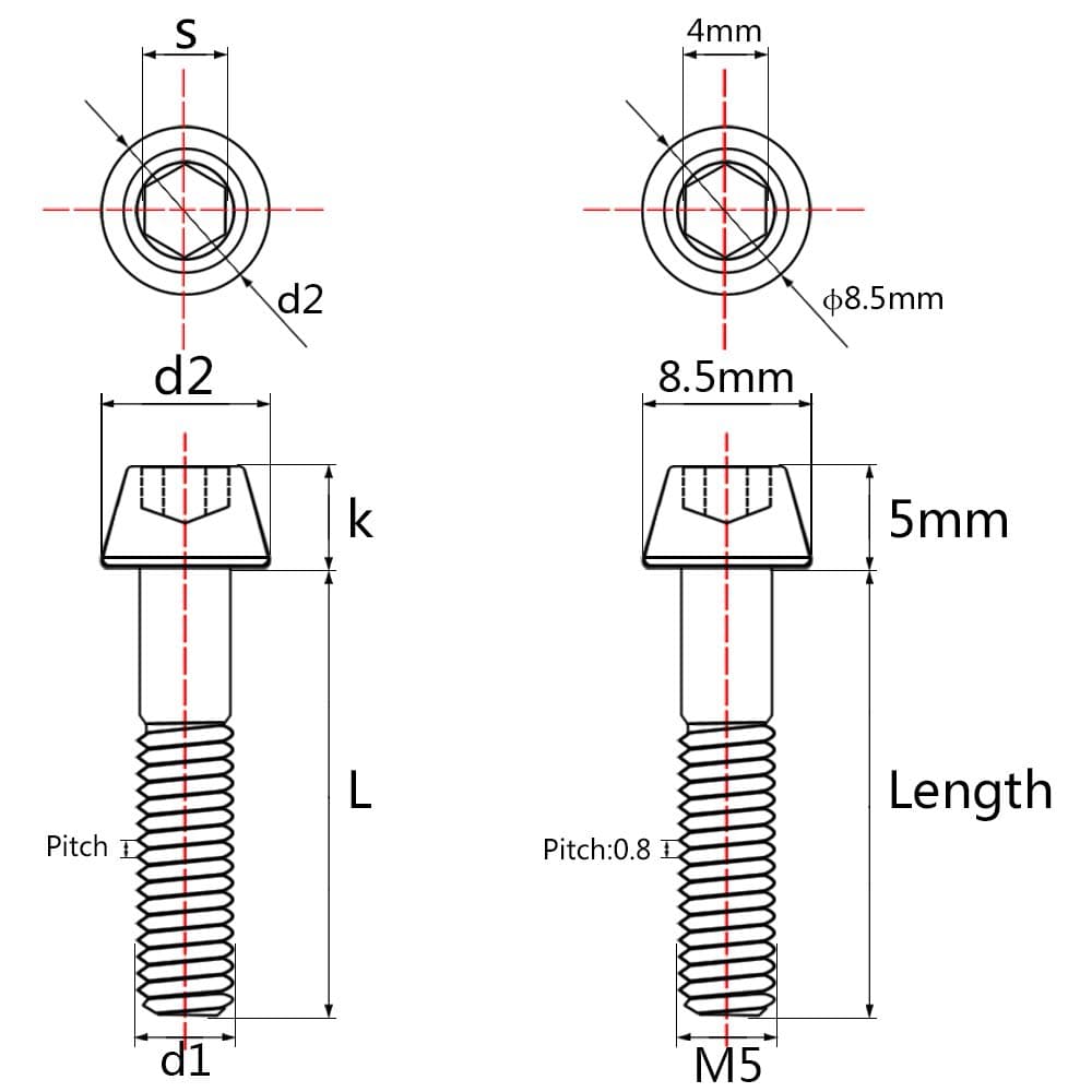 Wanyifa Titanium Ti Bolt M5x9 16 18 20 25 30 35 40 45 50 55 60mm Tapered Head Screws Pack of 4 (M5x30mm, Ranibow) thumbnail 2