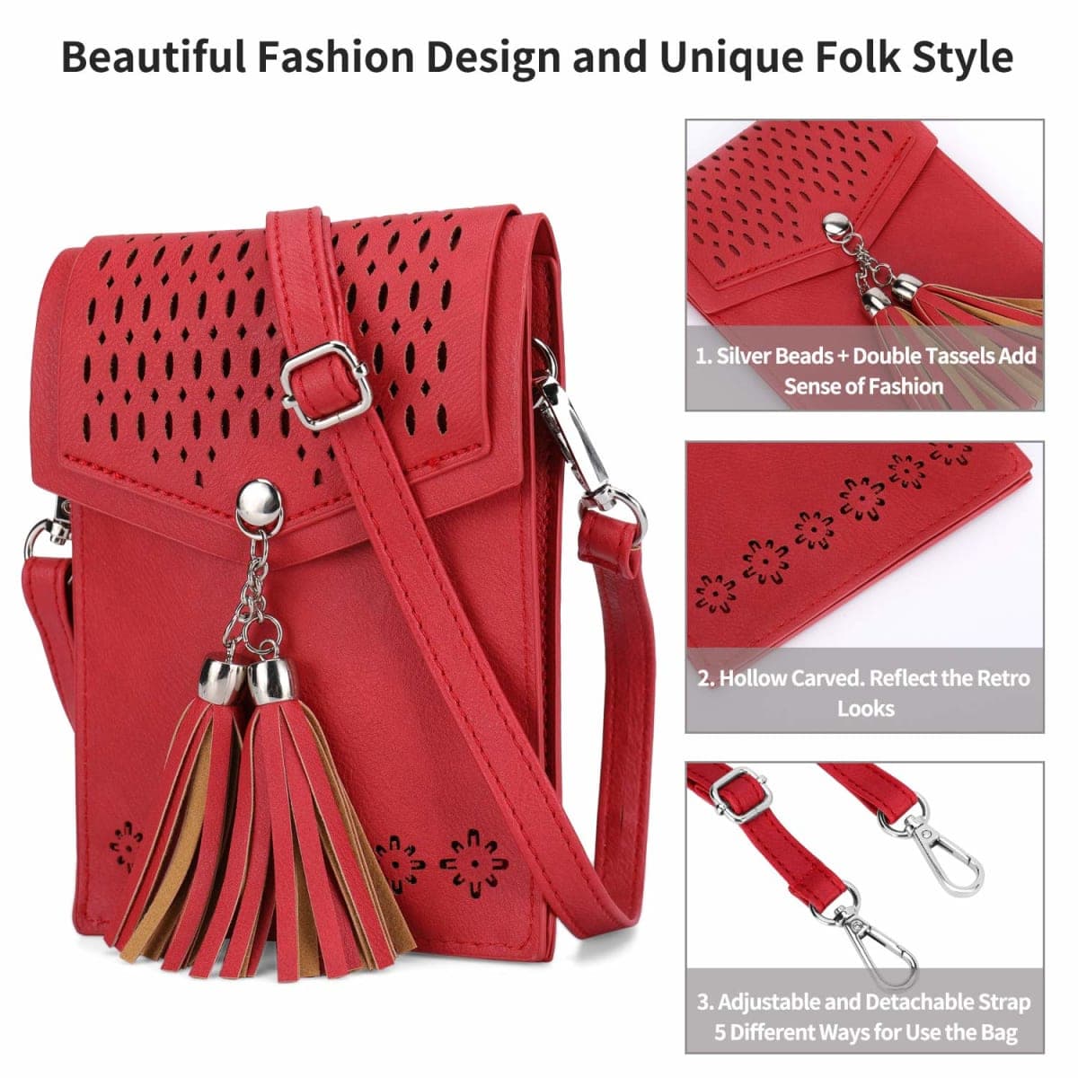 seOSTO Womens Small Crossbody Bag, Tassel Cell Phone Purse Holder Wallet thumbnail 4