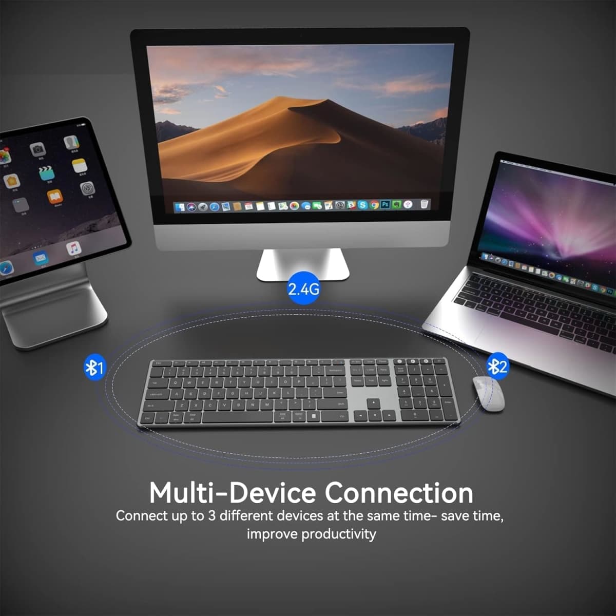AUSDOM 2.4G Wireless Bluetooth Keyboard Full Size, Quiet Slim Multi-Device Rechargeable Cordless QWERTY Keyboard with Number Pad, Low Profile Silent Flat Universal Keyboards for Computer/Mac/Windows thumbnail 2