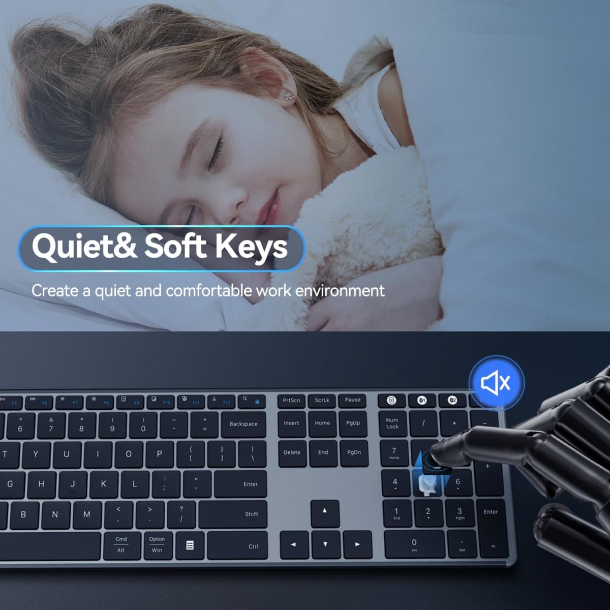 AUSDOM 2.4G Wireless Bluetooth Keyboard Full Size, Quiet Slim Multi-Device Rechargeable Cordless QWERTY Keyboard with Number Pad, Low Profile Silent Flat Universal Keyboards for Computer/Mac/Windows thumbnail 3